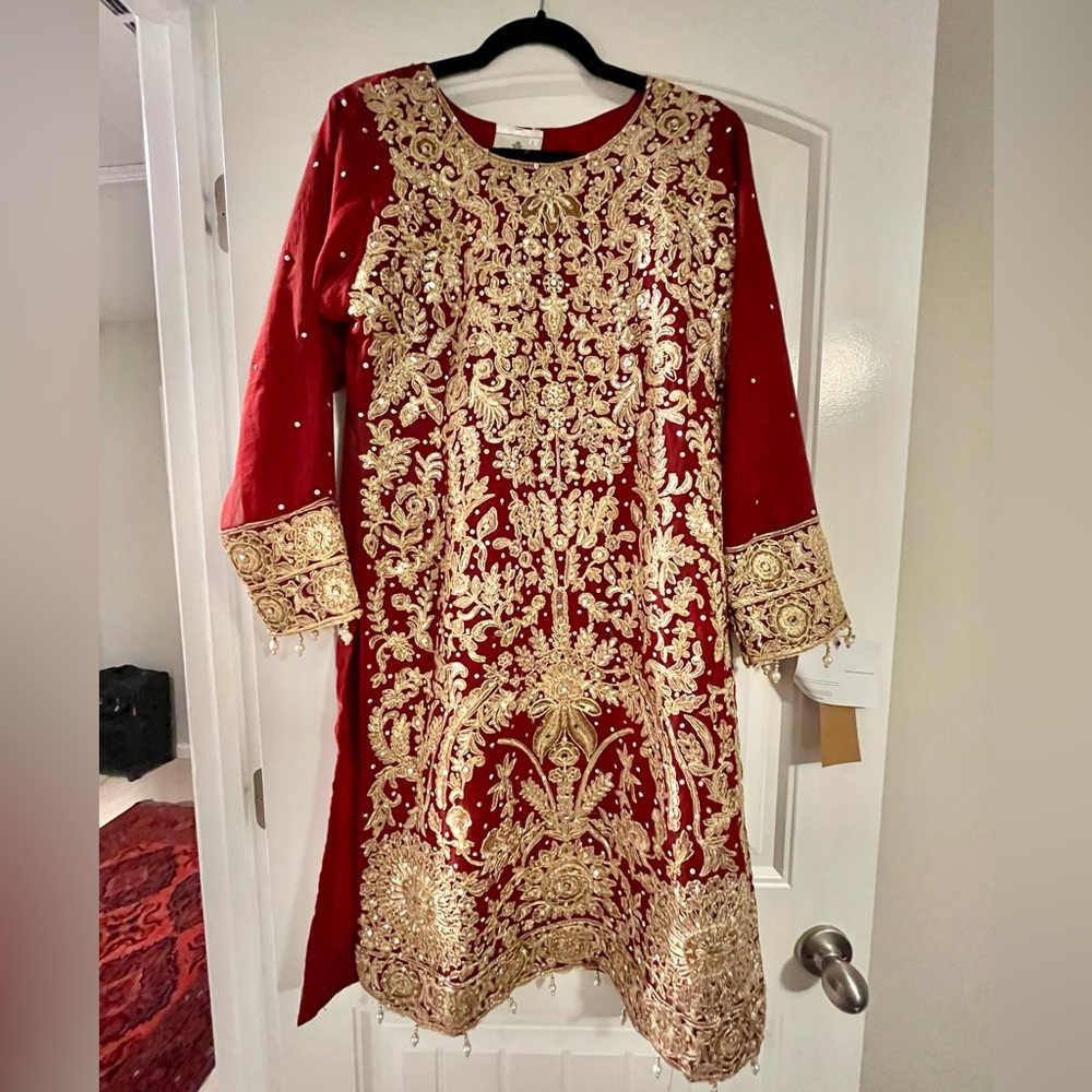 Luxurious Red and Gold Embroidered Party Wear Set with Matching Red Garara